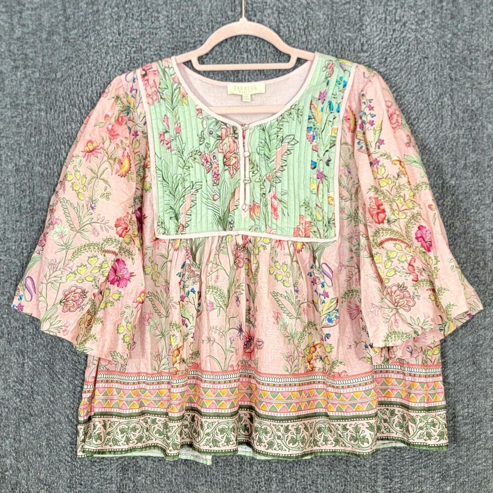 Farmers Market Babydoll Blouse Womens PXL Floral Pintuck Puff Sleeve Prairie Top